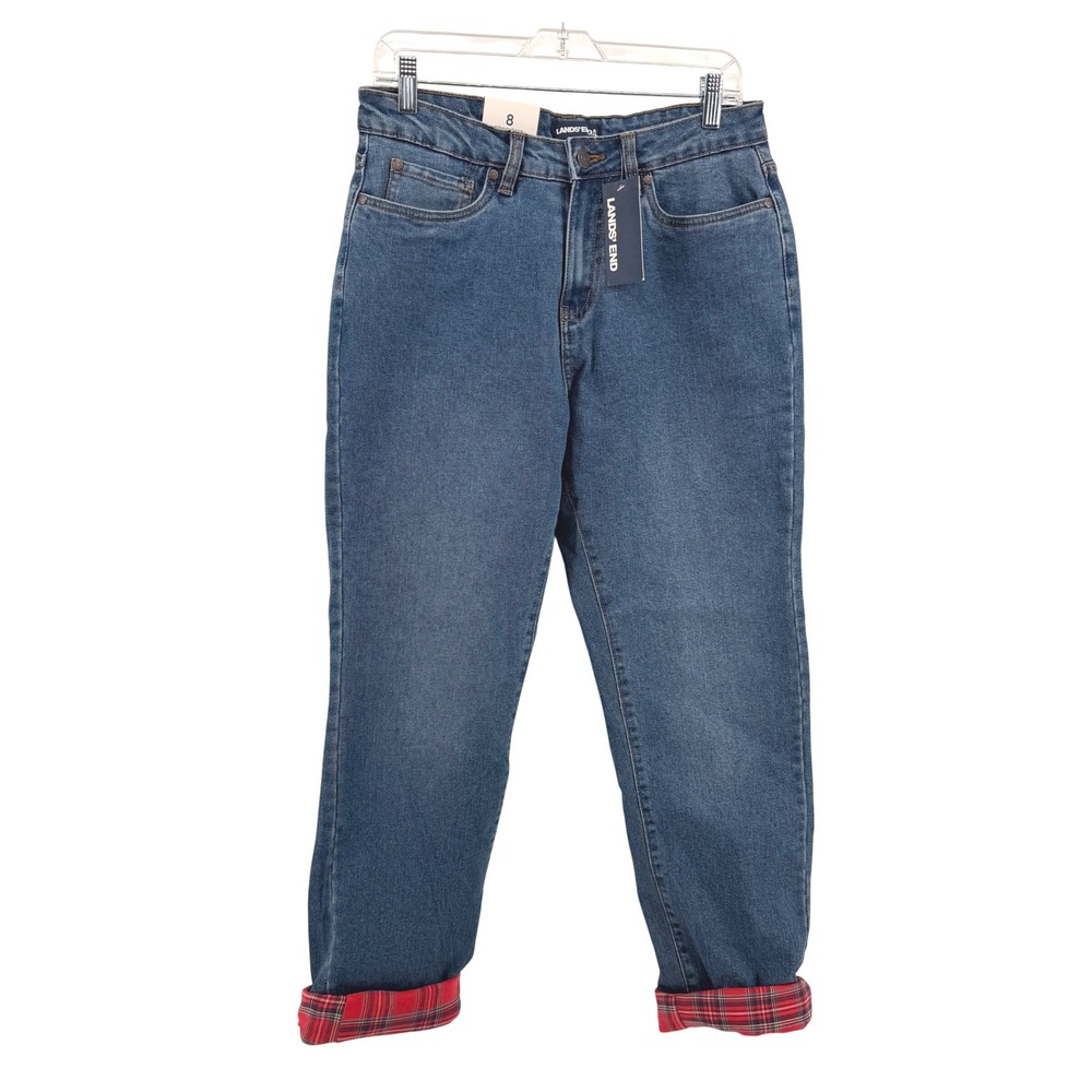 NEW Lands' End Straight Leg Denim Jeans Womens 8 Blue Medium Plaid Flannel Lined